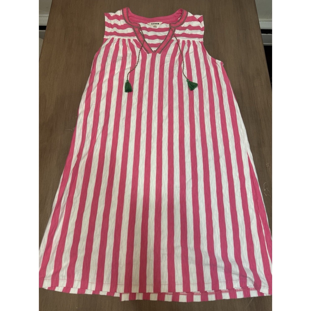 Boden Nadine Notch Dress Womens 14L Pink White Stripe Cotton Tassel Sleeveless
